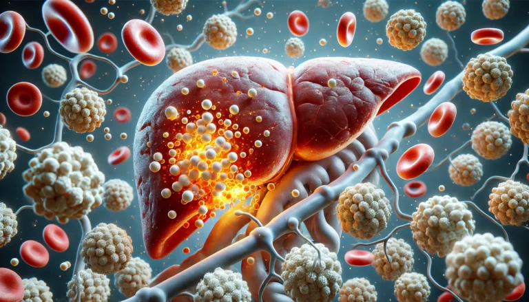 A detailed 3D-rendered image of a human liver with visible fat deposits, appearing slightly inflamed. Surrounding the liver are floating cholesterol molecules forming plaque-like structures in the bloodstream. The visual illustrates the impact of high cholesterol on liver health