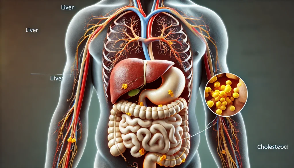 How High Cholesterol and Fatty Liver Are Connected: What You Need to Know for Better Health 2 A realistic anatomical cross-section of a human torso highlighting the liver and arteries. The liver exhibits fatty deposits, while the arteries display cholesterol plaque buildup. The image visually represents how excess cholesterol circulates and affects both liver and cardiovascular health, with a contrasting color palette distinguishing healthy and unhealthy tissues