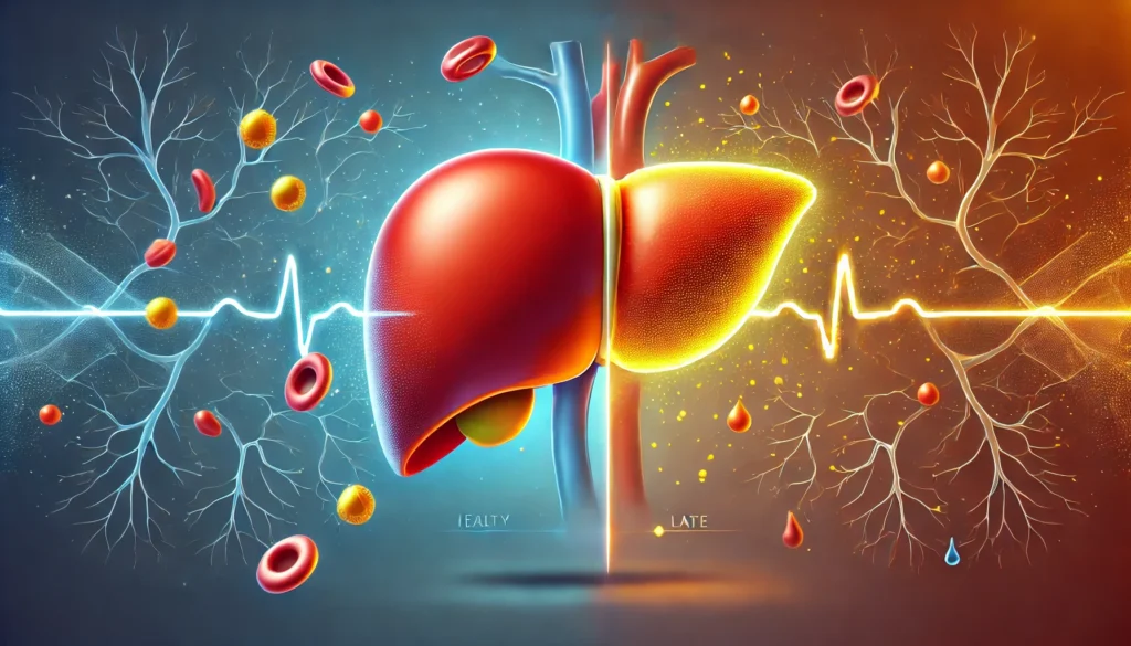 How High Cholesterol and Fatty Liver Are Connected: What You Need to Know for Better Health 3 A medical-themed conceptual illustration showing the transformation from a healthy liver to a fatty liver. The transition is depicted with a gradient effect, where one side of the liver appears smooth and red, while the other side turns yellowish with fat deposits. Floating cholesterol particles and a stylized arterial system emphasize the link between high cholesterol and fatty liver disease, giving the image a scientific and educational tone
