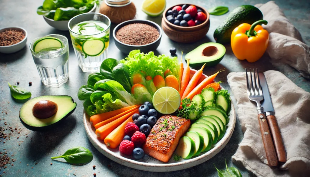 A vibrant and appetizing plate of liver-friendly foods for Hepatitis A recovery, featuring leafy greens, bright orange carrots, avocados, fresh berries, and grilled salmon. A glass of coconut water and a bowl of whole grains like quinoa sit in the background, illuminated by natural light