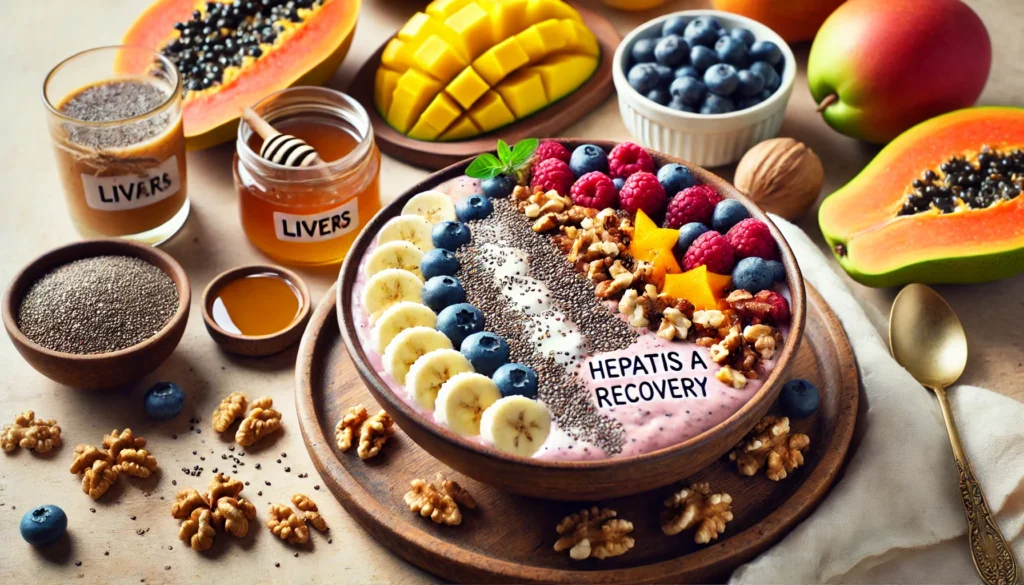 Best Diet for Hepatitis A Treatment: Nutritional Strategies to Support Recovery 2 A beautifully arranged smoothie bowl for Hepatitis A recovery, featuring a blend of banana, berries, and yogurt, topped with chia seeds, walnuts, and sliced kiwi. Surrounding the bowl are fresh fruits like papaya and mango, with a small dish of honey on a wooden table, bathed in soft natural light