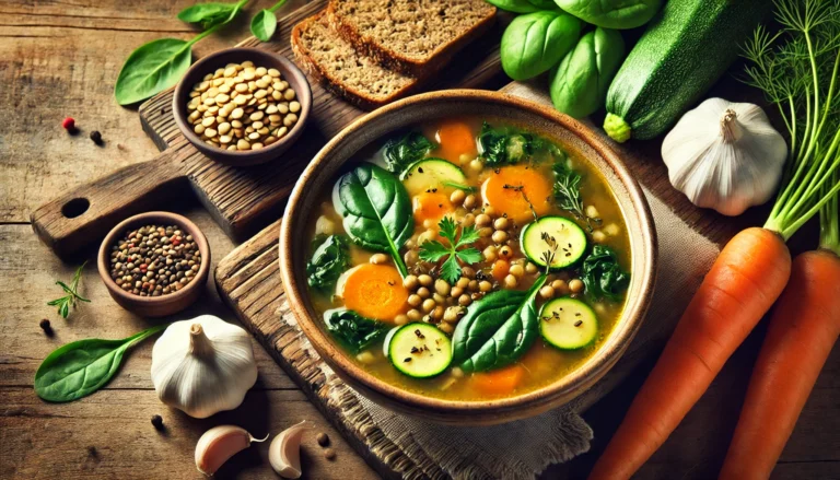 A warm and nourishing homemade vegetable soup for Hepatitis A recovery, served in a rustic ceramic bowl. The soup contains carrots, zucchini, spinach, and lentils in a golden broth, with fresh herbs, garlic, and whole-grain bread placed on a wooden surface for a comforting and healing ambiance