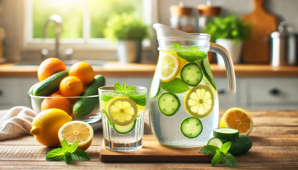Best Diet for Hepatitis A Treatment: Nutritional Strategies to Support Recovery 3 A refreshing detox drink for Hepatitis A recovery, served in a glass pitcher with slices of lemon, cucumber, and mint leaves floating in clear water. A smaller glass filled with the detox water sits beside it on a wooden table, surrounded by fresh citrus fruits and mint, with a bright and airy kitchen setting in the background