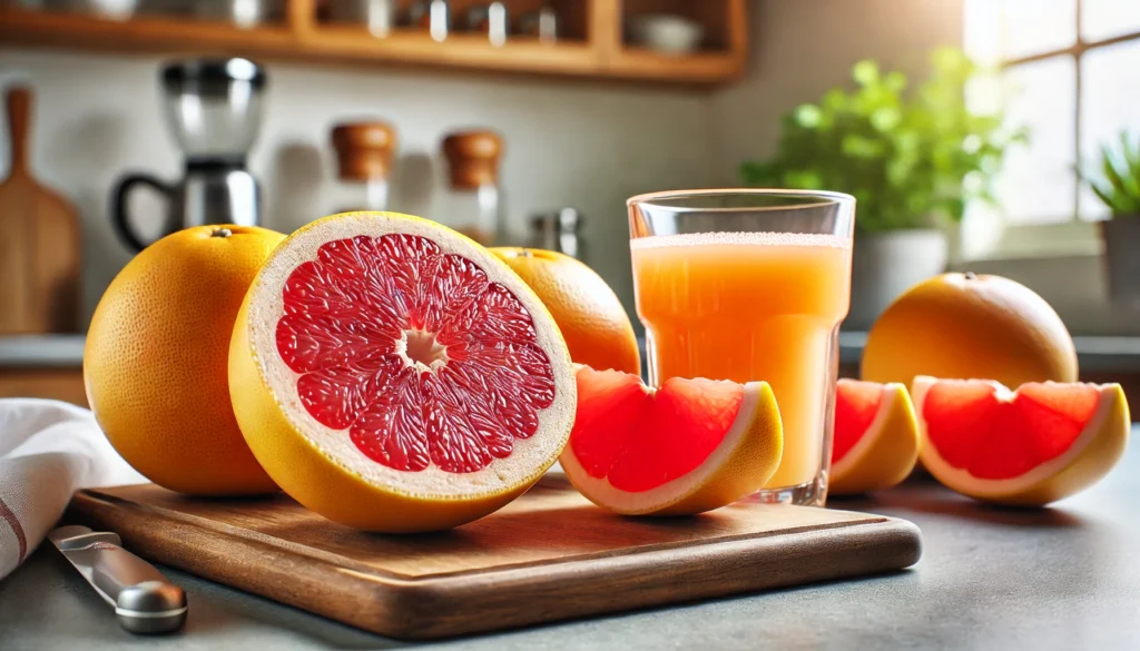 Freshly sliced grapefruit on a wooden cutting board with a glass of grapefruit juice in a well-lit kitchen, emphasizing natural health benefits and nutrition