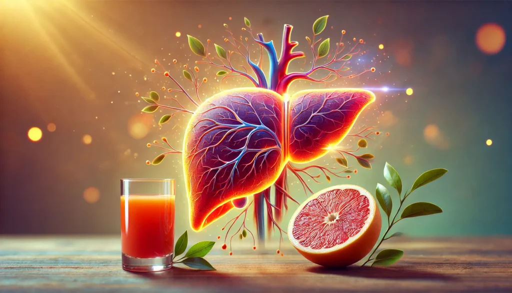 A glowing, healthy liver surrounded by fresh grapefruit and a glass of juice, symbolizing detoxification and liver health benefits
