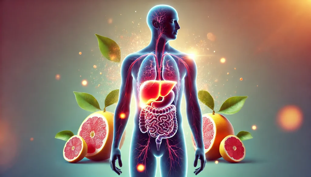 A glowing human liver inside a semi-transparent body silhouette, surrounded by fresh grapefruits, symbolizing vitality, detoxification, and liver health