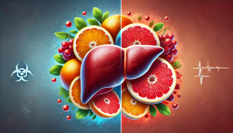 A split-view of a healthy liver with fresh grapefruit on one side and a stressed liver with red cautionary hues on the other, symbolizing both the benefits and risks of grapefruit for liver health