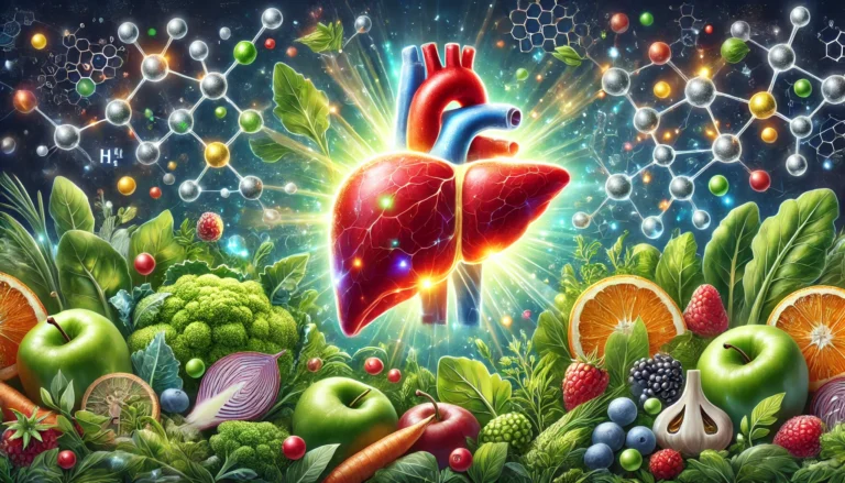 Illustration of a glowing, healthy human liver surrounded by detoxifying foods like leafy greens, berries, and cruciferous vegetables, with molecular structures symbolizing glutathione's role in liver detoxification