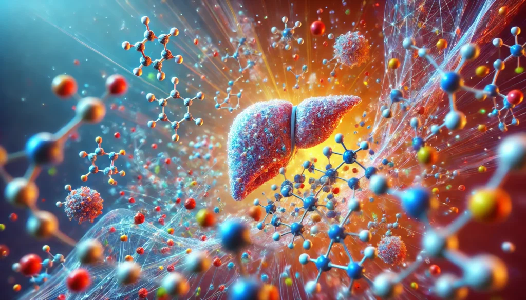 Scientific visualization of glutathione molecules detoxifying the liver by neutralizing harmful toxins, featuring molecular interactions and a clean, health-focused aesthetic