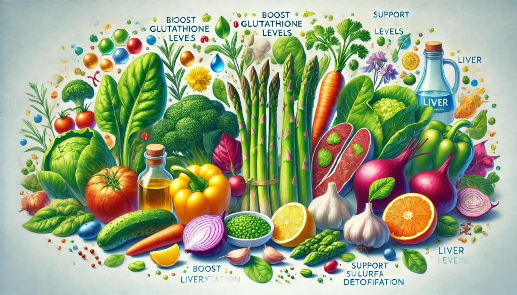 Colorful assortment of glutathione-boosting foods, including spinach, asparagus, cruciferous greens, garlic, and onions, visually representing their role in liver detoxification