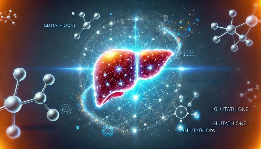 Artistic depiction of a glowing liver surrounded by a protective energy field, representing glutathione’s role in cellular defense and detoxification, with molecular elements in a futuristic aesthetic