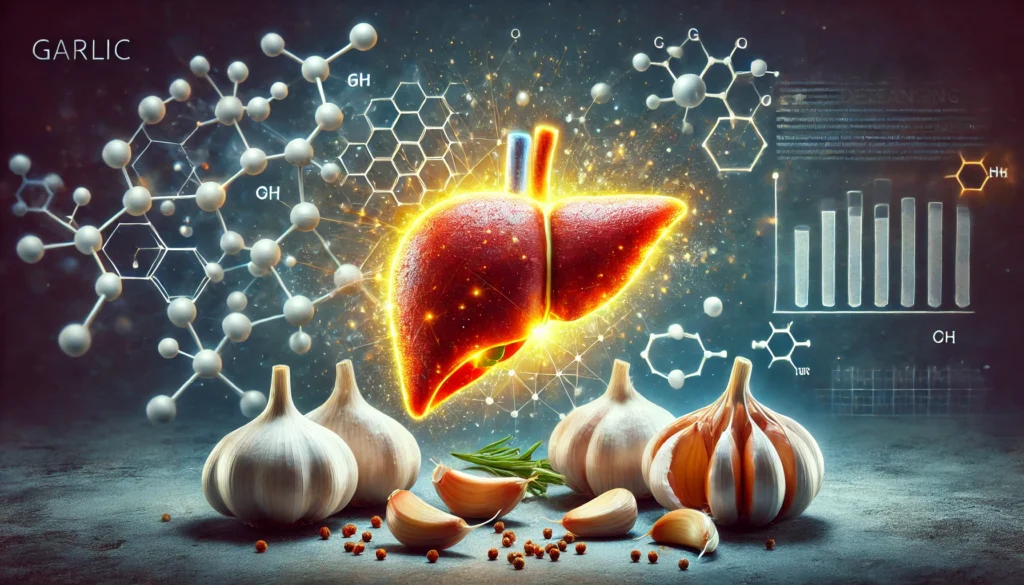 Is Garlic Good for Your Liver? Science-Backed Benefits and Detoxifying Effects 1 A conceptual digital artwork showing a glowing, healthy liver surrounded by fresh garlic bulbs and cloves. The liver emits a golden detoxifying glow, symbolizing its cleansing properties. A subtle molecular structure in the background represents scientific research supporting garlic’s benefits for liver health