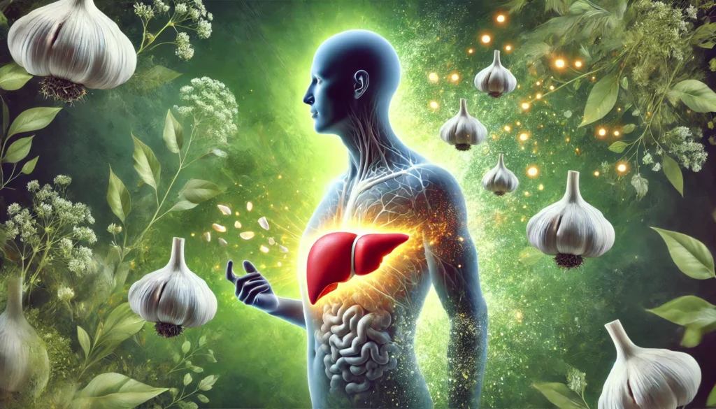 Is Garlic Good for Your Liver? Science-Backed Benefits and Detoxifying Effects 2 A surreal digital illustration featuring a human silhouette with a radiant, purified liver. Garlic cloves are shown transforming toxins into glowing light particles, symbolizing detoxification. The background consists of green hues and floating herbal elements, reinforcing the natural cleansing properties of garlic