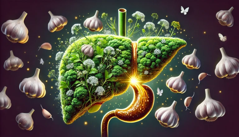 An artistic digital illustration depicting a liver as a lush green ecosystem, symbolizing rejuvenation and health. Floating garlic cloves surround the liver, while a golden energy stream flows from the garlic into the liver, representing purification, nourishment, and detoxification