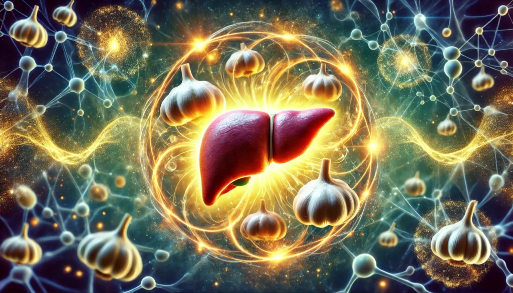 Is Garlic Good for Your Liver? Science-Backed Benefits and Detoxifying Effects 3 A conceptual digital artwork illustrating garlic’s positive effects on liver function. A radiant liver is infused with swirling golden energy emitted from garlic cloves. The background features a cosmic or bio-energetic theme with soft light waves and cellular structures, symbolizing the synergy between nature and science in liver detoxification