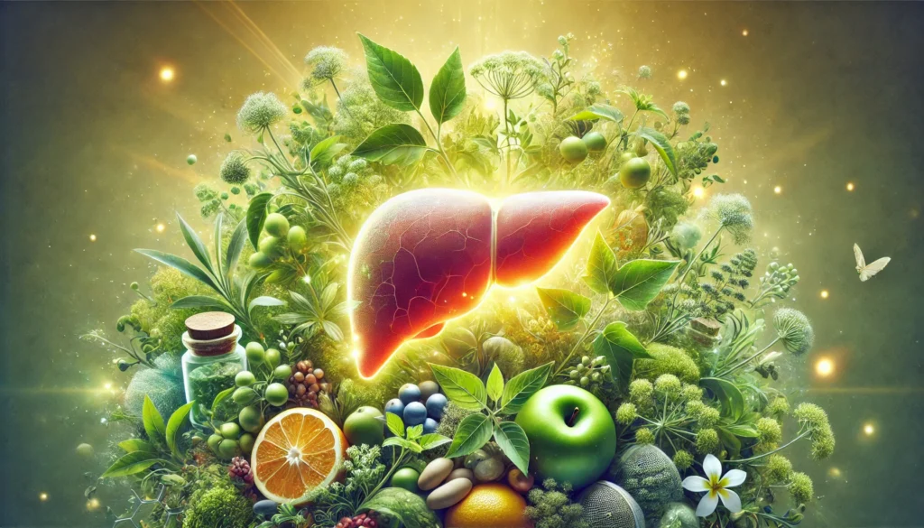How to Support Your Liver Naturally: The Benefits of Gaia Liver Cleanse for Detox and Wellness 1 A vibrant artistic visualization of a healthy liver glowing in a natural environment, surrounded by lush green herbs, fruits, and medicinal plants, symbolizing detoxification and natural healing