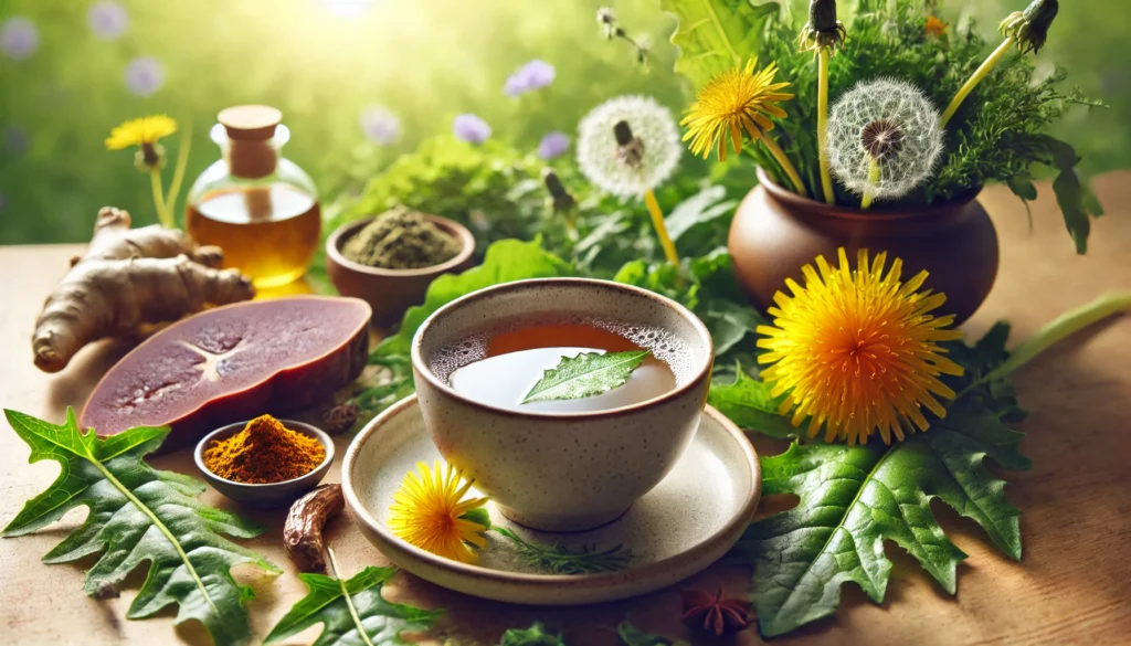 How to Support Your Liver Naturally: The Benefits of Gaia Liver Cleanse for Detox and Wellness 2 A peaceful wellness scene featuring a herbal detox tea cup surrounded by fresh liver-supporting ingredients like milk thistle, dandelion, turmeric, and green leafy herbs, bathed in soft natural sunlight for a holistic healing effect