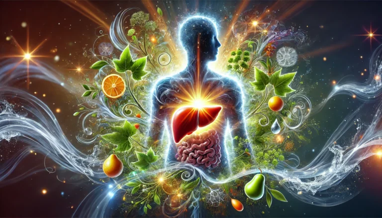 A vibrant artistic illustration of the liver’s detoxification process, showing a glowing liver inside a human silhouette, surrounded by swirling natural energy, herbs, fresh fruits, and water, symbolizing purification and overall wellness