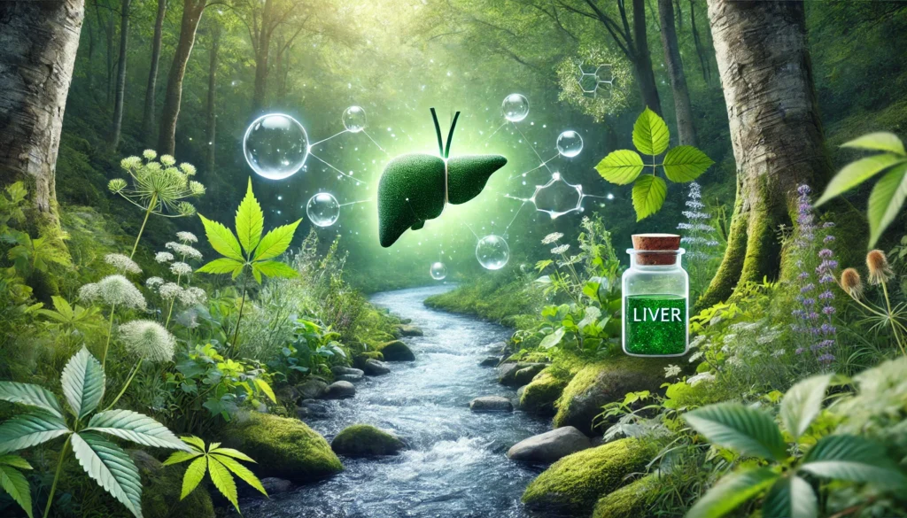 How to Support Your Liver Naturally: The Benefits of Gaia Liver Cleanse for Detox and Wellness 3 A nature-inspired wellness scene featuring a lush green forest path with a gentle stream symbolizing detoxification, complemented by floating medicinal herbs, clean water droplets, and glowing energy orbs, representing liver cleansing and natural healing