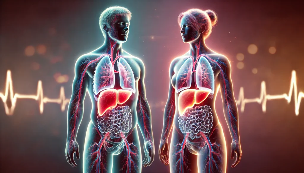 The Hidden Differences in Liver Health: How Liver Disease Affects Men and Women Differently 1 A conceptual art image of a glowing male and female human figure standing side by side, each with an illuminated liver. The male liver appears larger and textured, while the female liver is smoother with delicate fibrous details. A gradient background transitions from warm reds on the male side to cooler purples on the female side, symbolizing metabolic and hormonal differences in liver health