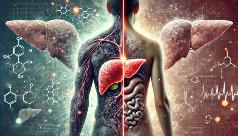 A split-concept digital artwork comparing liver disease in men and women. The left side features a male figure with a liver that appears inflamed, fibrotic, and rough-textured, while the right side shows a female figure with a liver displaying diffuse scarring and subtle color changes. A central dividing line emphasizes the contrast, with abstract medical data and soft glowing effects highlighting the differences