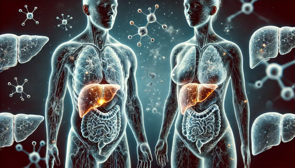 The Hidden Differences in Liver Health: How Liver Disease Affects Men and Women Differently 2 A surreal medical visualization of liver disease progression in men and women. The image features two translucent human torsos, one male and one female, with their livers highlighted in different disease stages. The male liver has visible nodules and fibrotic areas, while the female liver appears inflamed with a network of fibrous tissue spreading across it. Floating molecular structures and medical scan overlays emphasize the scientific theme