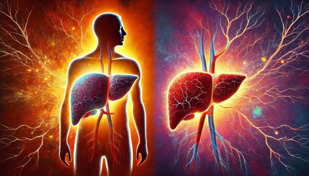 The Hidden Differences in Liver Health: How Liver Disease Affects Men and Women Differently 3 A symbolic artistic representation of liver disease differences between men and women. Two abstract human silhouettes, one male and one female, have their livers glowing in contrasting colors. The male liver appears cracked and hardened, symbolizing fibrosis and cirrhosis, while the female liver shows inflamed veins, indicating heightened immune response. The background is divided into warm hues for the male side and cooler purples for the female side, emphasizing biological contrasts