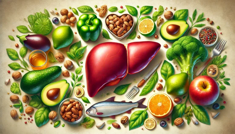 A photorealistic image of a healthy human liver surrounded by nutrient-rich foods, including avocados, nuts, leafy greens, and fish, symbolizing a liver-friendly diet for weight loss and fatty liver management