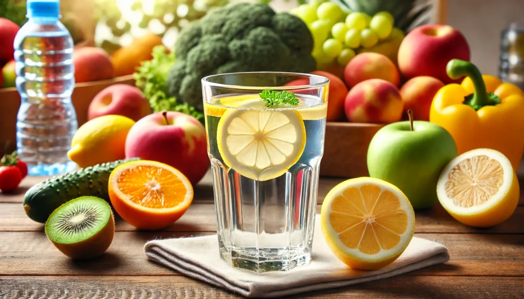 How to Lose Weight with Fatty Liver: Science-Backed Strategies for Liver Health 2 A refreshing glass of water with lemon slices on a wooden table, surrounded by fresh fruits and vegetables, symbolizing hydration and detoxification for liver health and weight loss