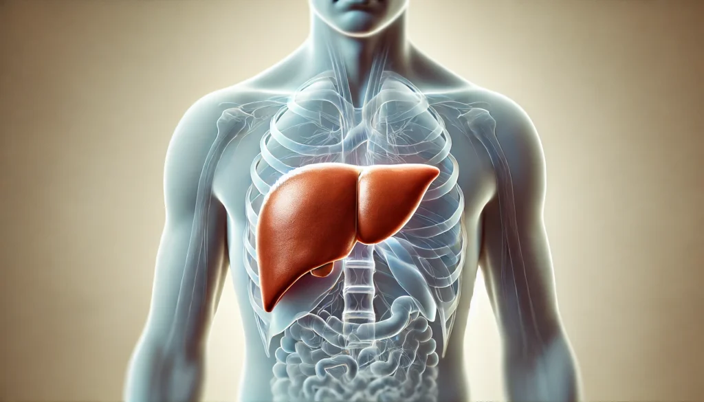 Medical illustration of a healthy human liver, showcasing its smooth, reddish-brown texture and normal anatomical appearance before the onset of fatty liver disease or NASH progression