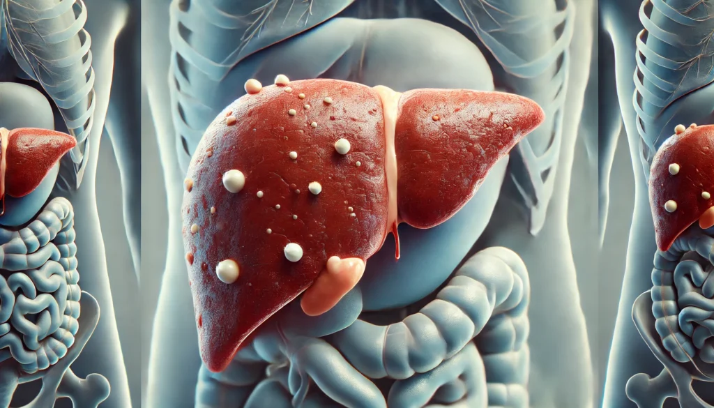 Medical illustration of a liver with mild fatty liver disease (hepatic steatosis), showing slight enlargement and small fat deposits, representing the early stage of fatty liver progression
