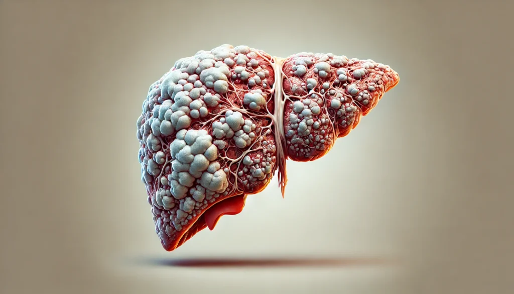 Medical illustration of a severely damaged liver in the advanced stage of Non-Alcoholic Steatohepatitis (NASH) with cirrhosis, showing extensive fibrosis (scarring), a rough nodular surface, and a shrunken appearance, highlighting the severe consequences of untreated fatty liver disease