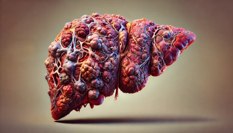 Vibrant medical illustration of an advanced cirrhotic liver due to Non-Alcoholic Steatohepatitis (NASH), featuring deep fibrosis (scarring), a rough nodular texture, and vivid reds, purples, and yellows highlighting inflammation and tissue damage