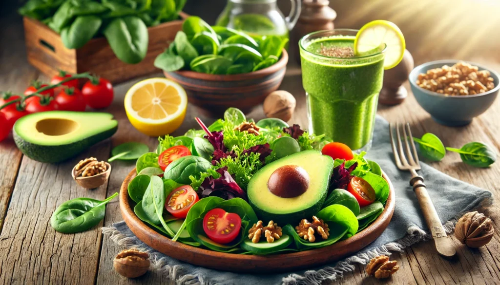 Liver-Healthy Recipes to Support Detox & Reduce Fatty Liver Naturally 3 A vibrant, liver-friendly meal featuring a plate of fresh leafy greens, avocados, cherry tomatoes, walnuts, and lemon slices on a rustic wooden table. A green detox smoothie made from spinach, cucumber, and ginger is placed beside the meal, with fresh ingredients subtly blurred in the background