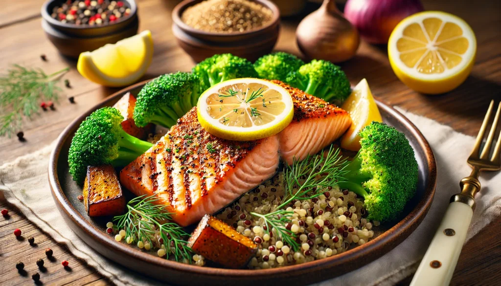 Liver-Healthy Recipes to Support Detox & Reduce Fatty Liver Naturally 2 A close-up of a grilled salmon dish with a golden-brown crust, garnished with a fresh lemon wedge and dill. Served with steamed broccoli, quinoa, and roasted sweet potatoes on a wooden table, with natural lighting enhancing the vibrant colors