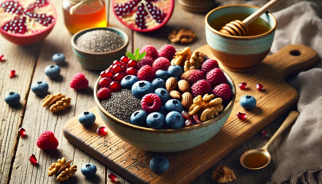 Liver-Healthy Recipes to Support Detox & Reduce Fatty Liver Naturally 1 A beautifully arranged liver-friendly fruit and nut bowl filled with blueberries, raspberries, pomegranate seeds, walnuts, almonds, and chia seeds. The bowl sits on a wooden surface with a drizzle of honey and a cup of green tea, illuminated by soft natural lighting