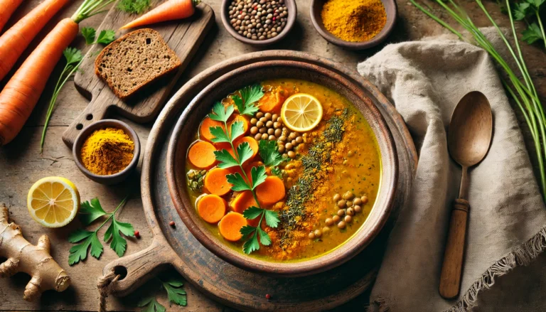 A top-down view of a liver-detox soup made with turmeric, ginger, carrots, and lentils, served in a rustic ceramic bowl. The golden-orange soup is garnished with fresh green herbs and accompanied by whole-grain bread on a wooden table with soft natural lighting