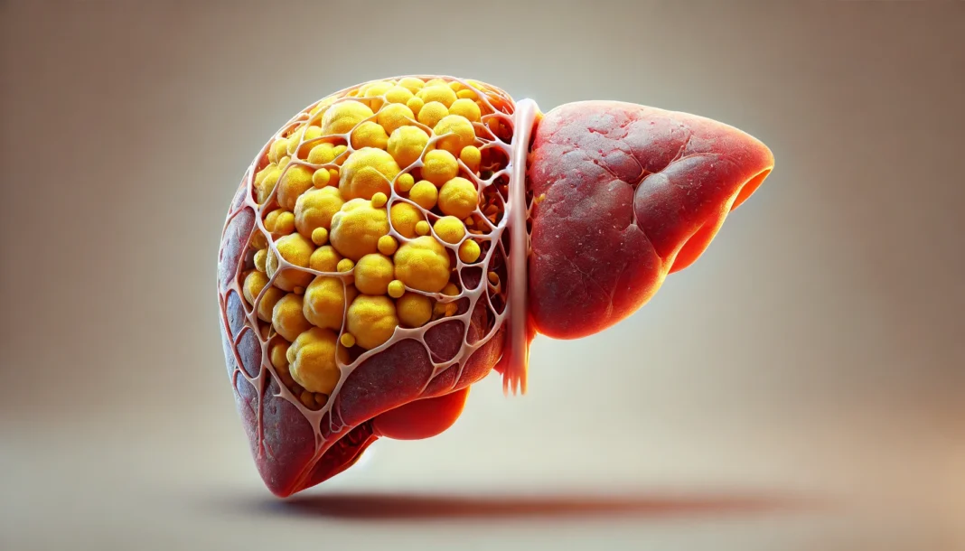 A 3D-rendered digital image of a human liver affected by fatty liver disease, appearing enlarged with visible yellowish fat deposits. A cross-sectional view reveals accumulated fat cells within the liver tissue. The background features a neutral medical gradient for a clinical and professional appearance
