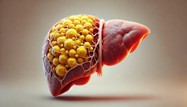 A 3D-rendered digital image of a human liver affected by fatty liver disease, appearing enlarged with visible yellowish fat deposits. A cross-sectional view reveals accumulated fat cells within the liver tissue. The background features a neutral medical gradient for a clinical and professional appearance