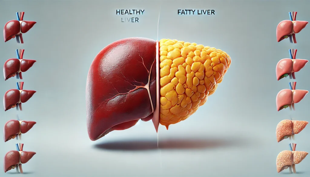 A realistic medical illustration comparing a healthy liver and a fatty liver side by side. The healthy liver appears deep reddish-brown, while the fatty liver is enlarged, pale yellow, and has a greasy texture. A cross-sectional view highlights excessive fat accumulation within the fatty liver. The background is clean and clinical