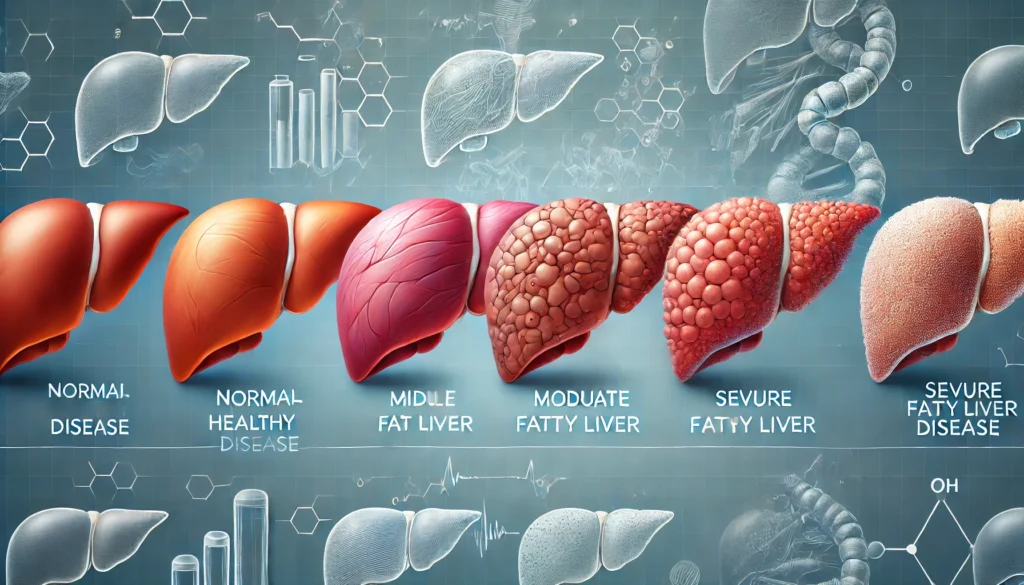 A conceptual medical illustration showing the progression of fatty liver disease through four stages. The first stage depicts a healthy liver, followed by increasing fat accumulation in mild and moderate stages, culminating in a severe fatty liver with fibrosis. Each stage is visually distinct with color and texture changes. The background maintains a clean, medical theme for educational purposes