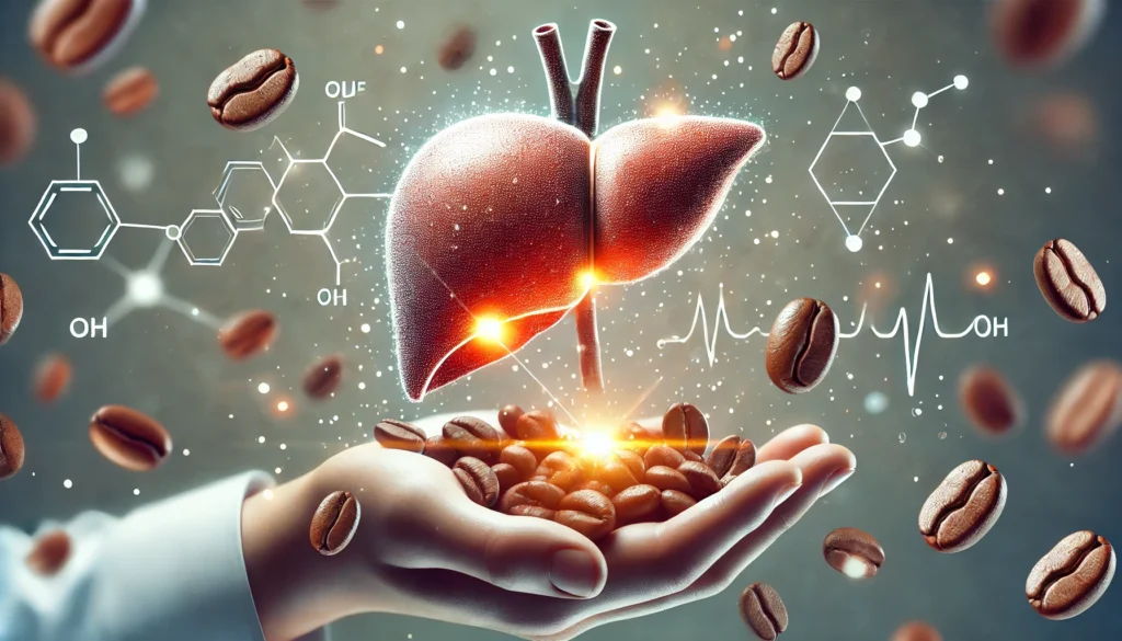 A glowing, healthy human liver is surrounded by coffee beans, symbolizing the potential benefits of coffee for liver function. The illustration is set against a neutral medical background, emphasizing the scientific aspect of coffee’s impact on liver health