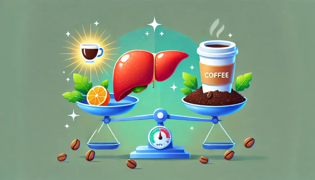 A split-view illustration of a healthy, glowing liver with a cup of coffee nearby on one side, and a fatty liver with signs of excessive coffee consumption on the other. The image highlights the dual effects of coffee on liver health, showcasing both its benefits and potential risks