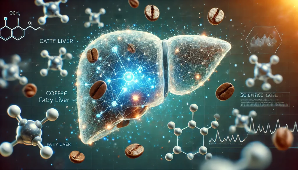 A futuristic medical scan of a semi-transparent liver with glowing internal details, surrounded by floating coffee molecules emitting soft light. The image symbolizes scientific research on coffee’s effects on fatty liver, representing ongoing studies and discoveries in liver health