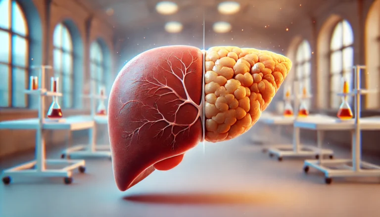 A highly detailed 3D-rendered image of a liver showcasing both healthy and fatty sections. One side appears smooth and reddish-brown, while the other is swollen with yellowish fat deposits. The background features a soft-lit medical laboratory, creating a clinical and scientific atmosphere