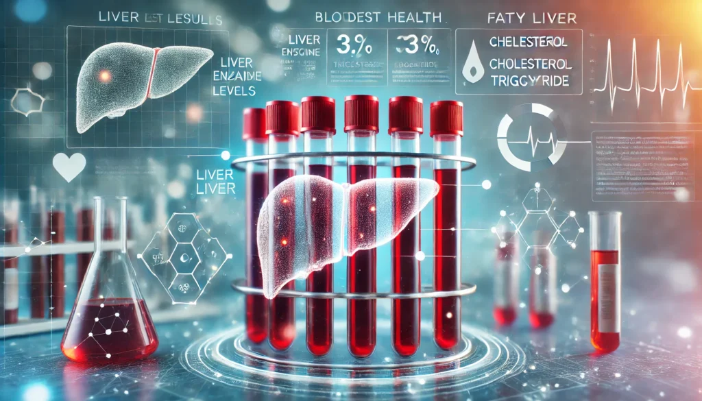 Understanding Fatty Liver Disease Lab Results: What Blood Tests Reveal About Hepatic Steatosis and Liver Health 1 A conceptual medical illustration of blood test results for liver health, featuring a close-up of test tubes filled with blood samples in a laboratory. A holographic overlay displays liver enzyme levels, cholesterol, and triglyceride markers. The background features a soft-focus medical research environment, symbolizing diagnostic testing for fatty liver disease