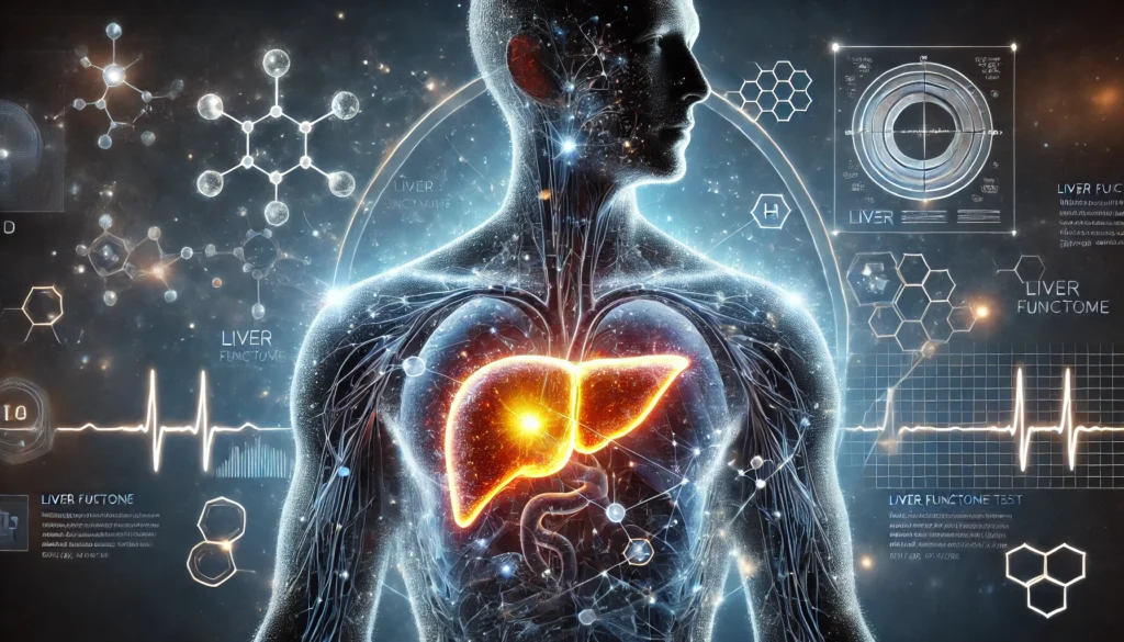 Understanding Fatty Liver Disease Lab Results: What Blood Tests Reveal About Hepatic Steatosis and Liver Health 3 An artistic medical visualization of a human silhouette with an illuminated liver, featuring a glowing overlay of blood circulation and liver enzyme activity. The background includes a futuristic digital interface with molecular structures and scientific graphs, symbolizing liver function tests and health diagnostics