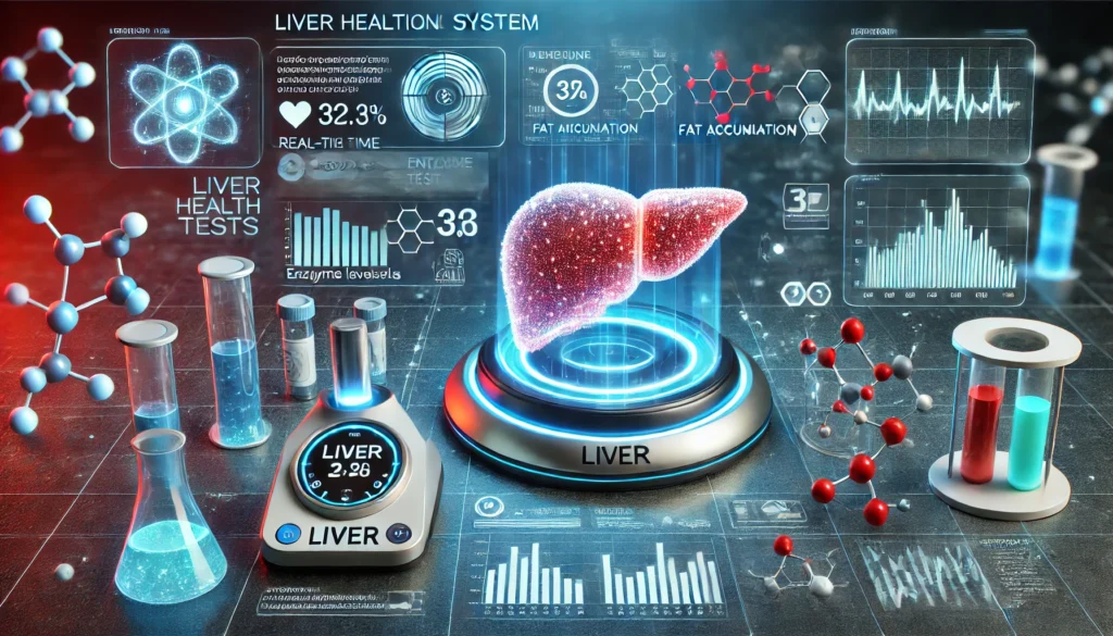 Understanding Fatty Liver Disease Lab Results: What Blood Tests Reveal About Hepatic Steatosis and Liver Health 2 A futuristic medical visualization of a semi-transparent liver affected by fatty liver disease, showing accumulated fat deposits. The background features a high-tech medical interface with floating health data charts and biometric lines, symbolizing scientific analysis and liver health diagnostics