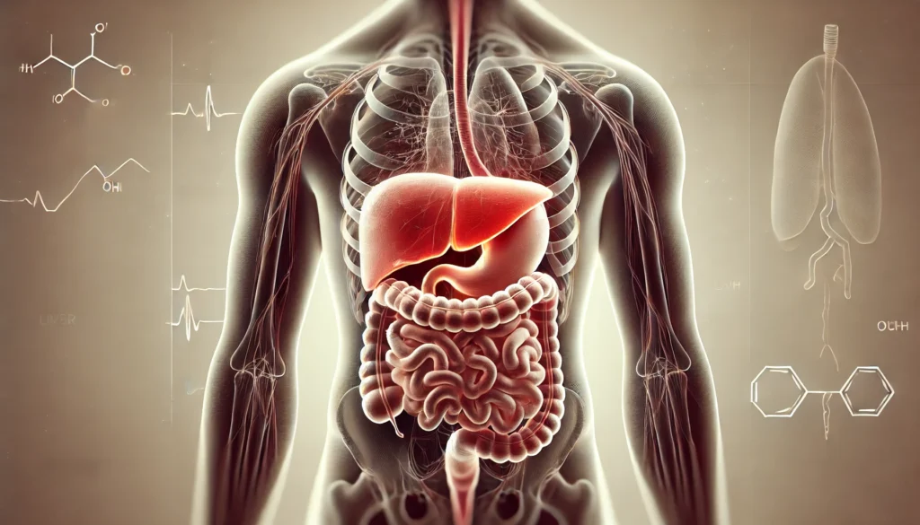 How Fatty Liver Disease and Constipation Are Connected: Signs, Causes, and Prevention Tips 1 A medical illustration of the human digestive system highlighting the liver and intestines. The liver appears inflamed, and the intestines show signs of sluggish movement, representing the connection between fatty liver disease and constipation