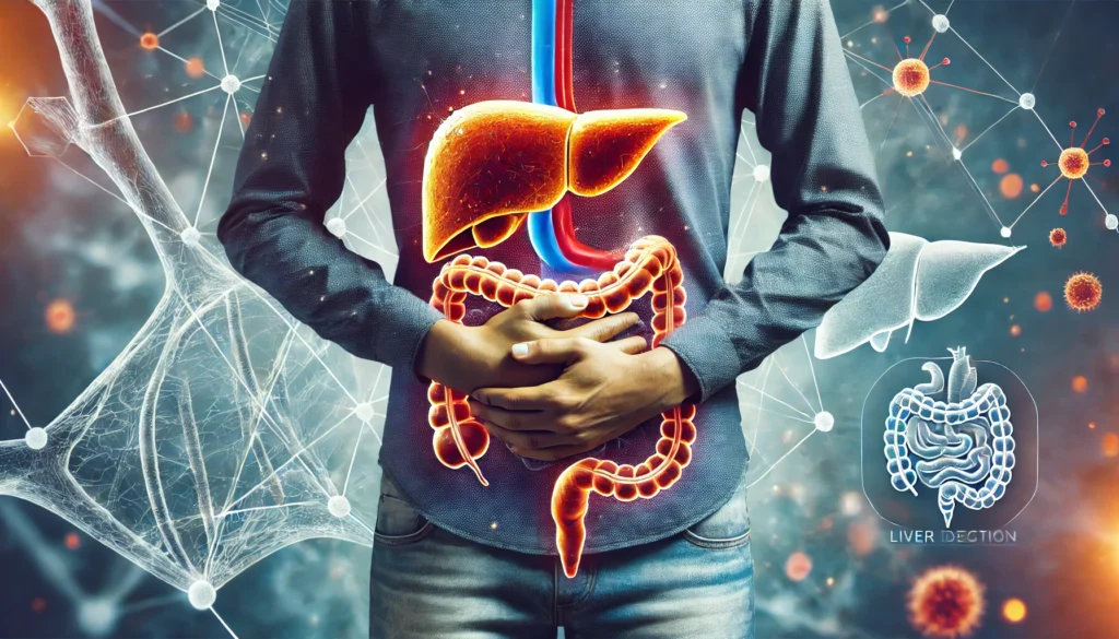 How Fatty Liver Disease and Constipation Are Connected: Signs, Causes, and Prevention Tips 3 A symbolic illustration of a person clutching their stomach in discomfort, with an overlay of an inflamed liver and congested intestines, visually representing the impact of fatty liver disease and constipation on digestion